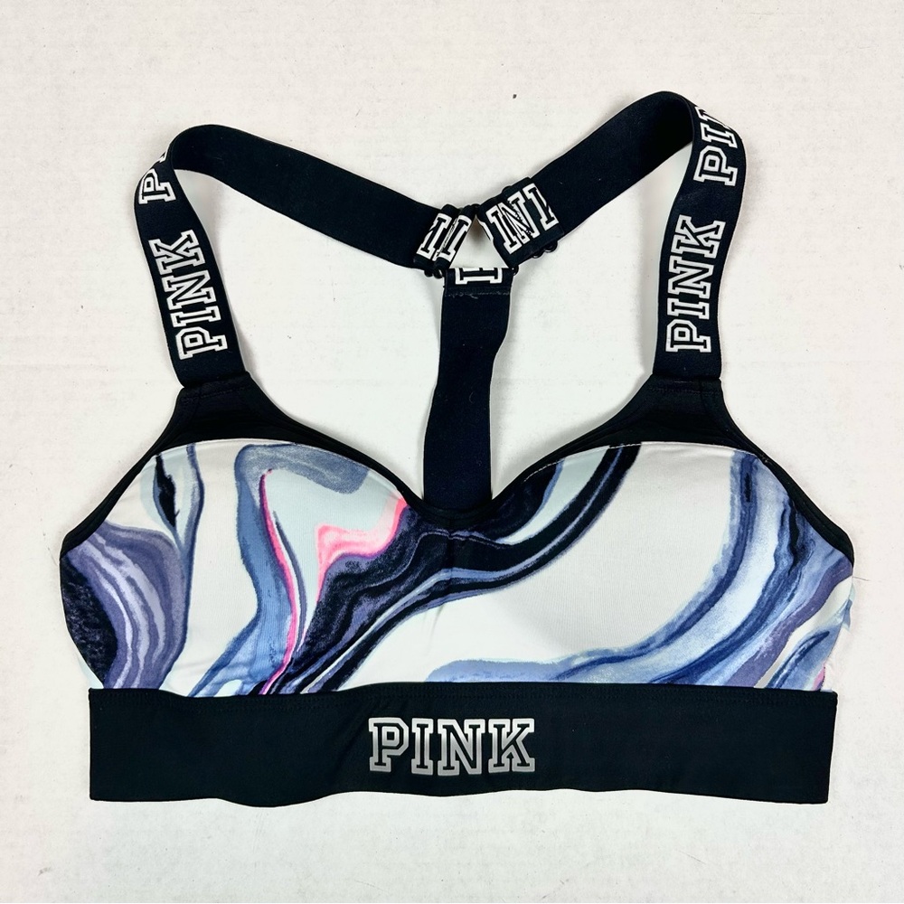 Victoria's Secret PINK Blue, White & Pink Swirl/Marble Sports Bra